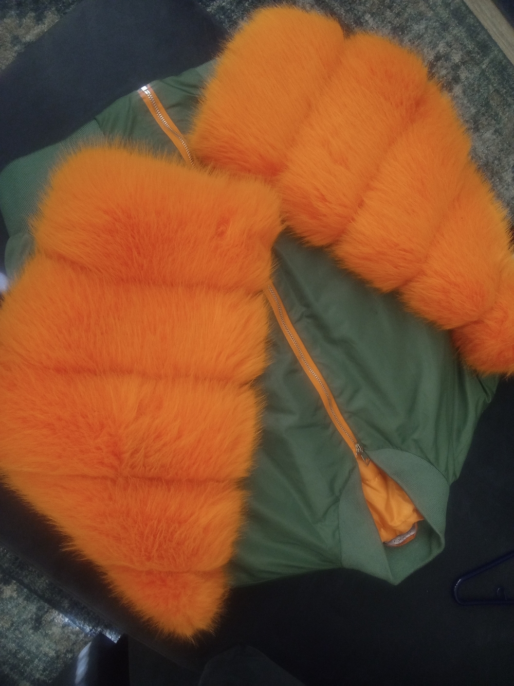 AKIRA Olive Green Bomber Jacket with Bright Orange Faux Fur